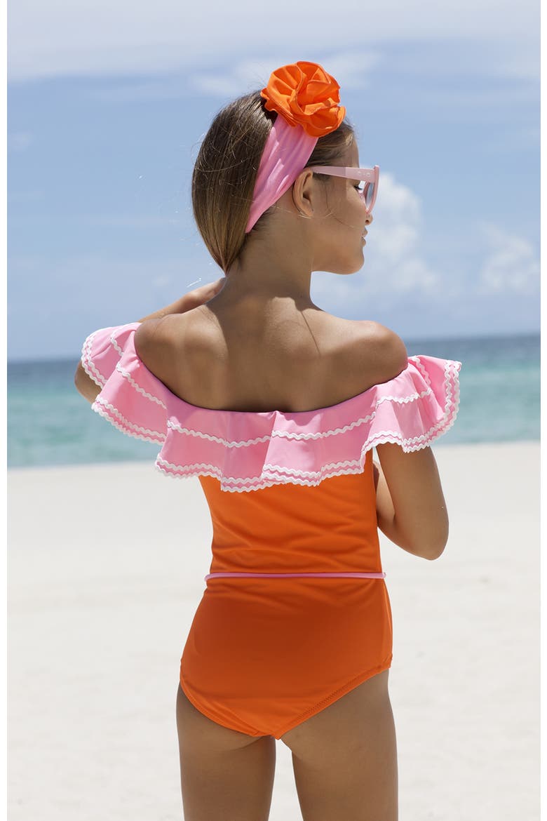 Kids' Off Shoulder Crochet Flower Belt One-Piece Swimsuit, Alternate, color, Orange-Pink