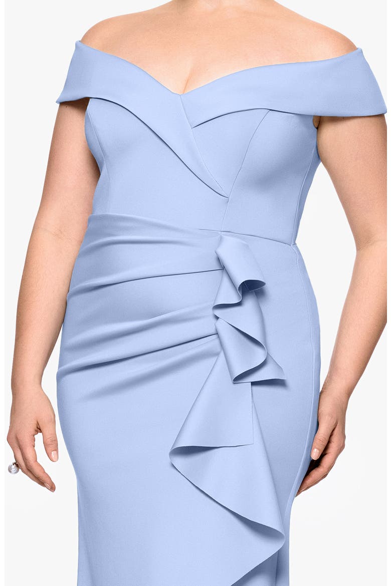 Off the Shoulder Ruffle Scuba Knit Gown, Alternate, color, PERIWINKLE