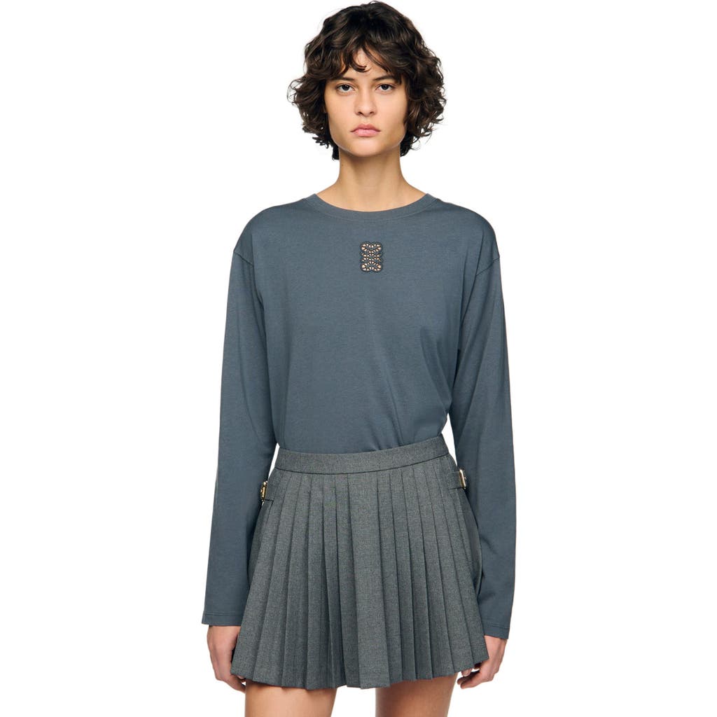 Sandro Ezrane Embroidered Long Sleeve Tee In Gray