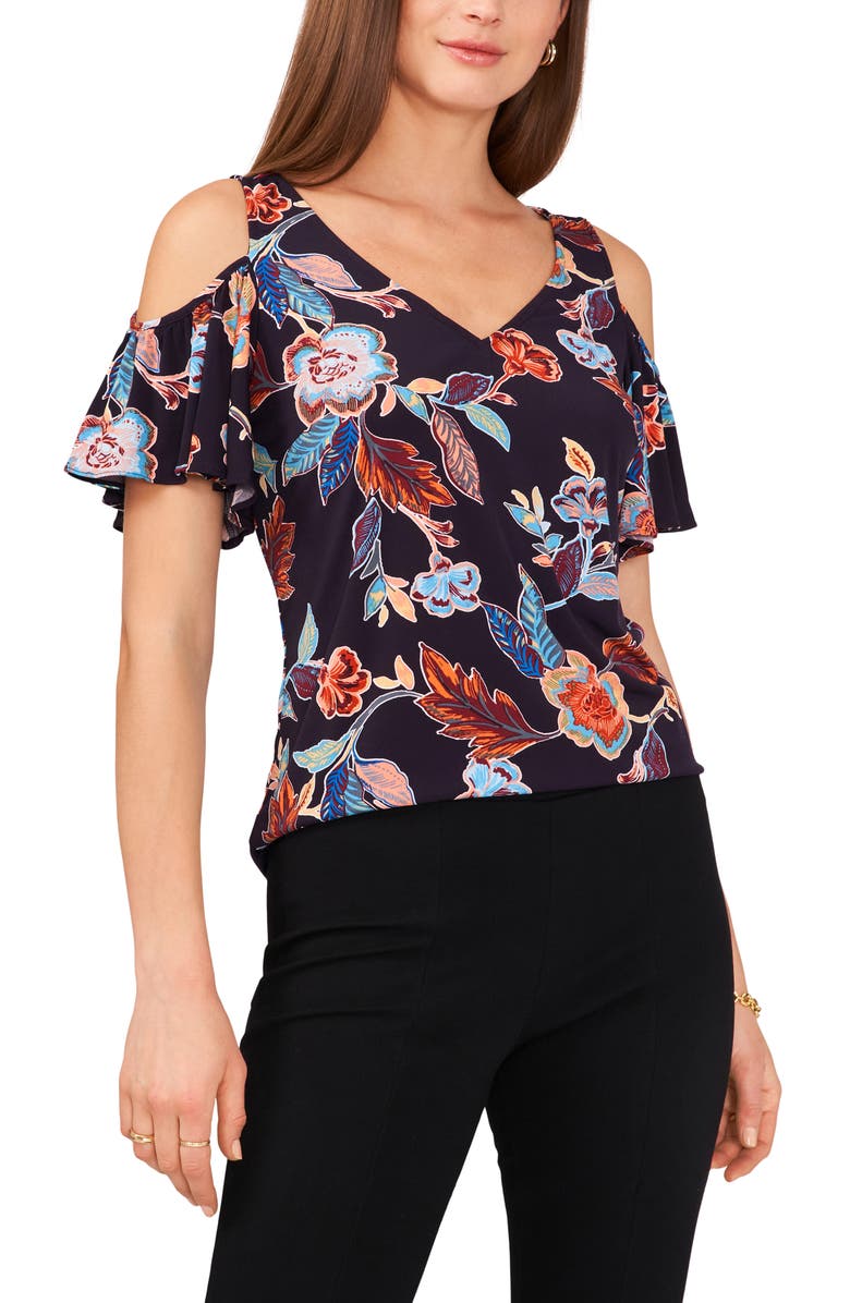 Chaus Print Cold Shoulder Top, Main, color, Navy/Burgundy/Mustar