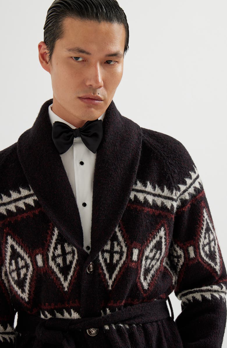 Brunello Cucinelli Geometric jacquard belted cardigan, Alternate, color, Black