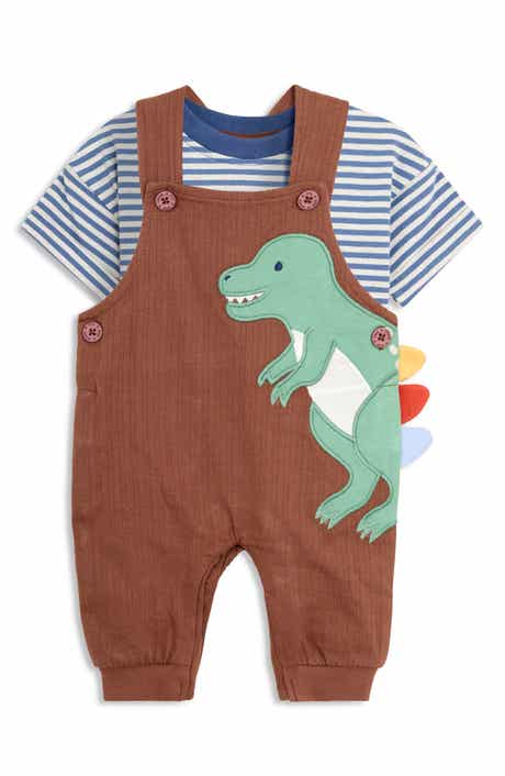 JOJO MAMAN BEBE Stripe Cotton T-Shirt & T-Rex Appliqué Overalls Set
