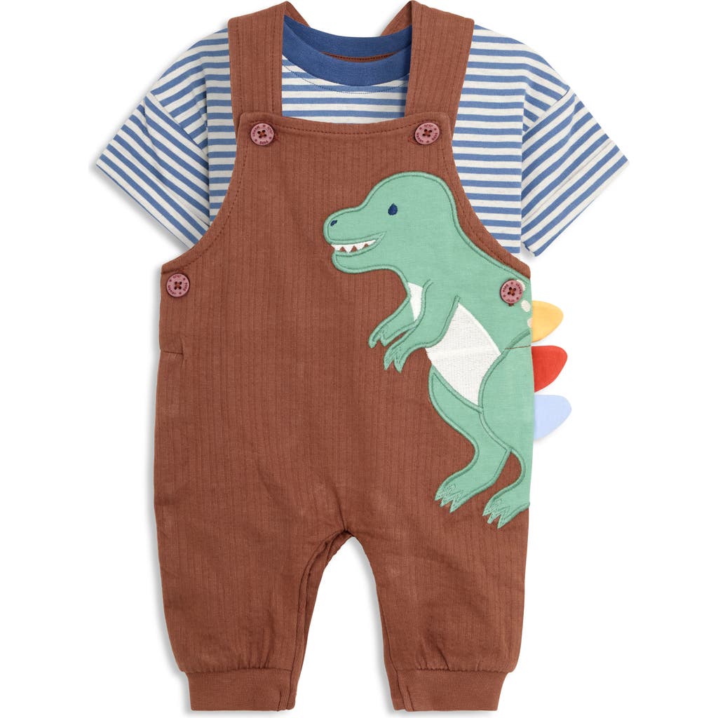 JOJO MAMAN BÉBÉ JOJO MAMAN BEBE STRIPE COTTON T-SHIRT & T-REX APPLIQUÉ OVERALLS SET