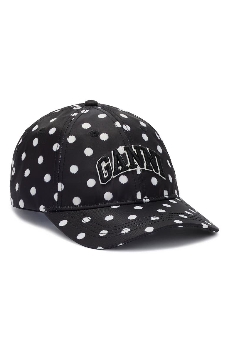 Ganni Logo Embroidered Recycled Nylon Baseball Cap, Main, color, Black