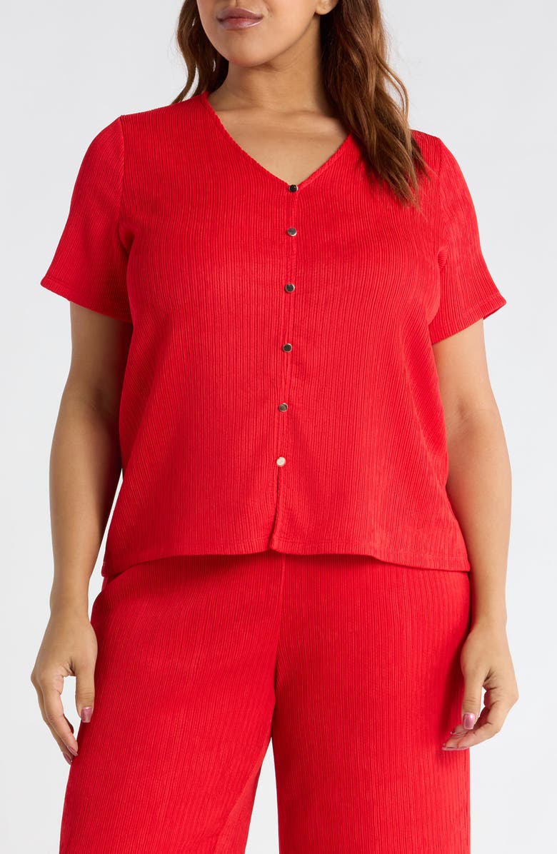 Anne Klein Short Sleeve Knit Button-Up Shirt, Main, color, Begonia Red