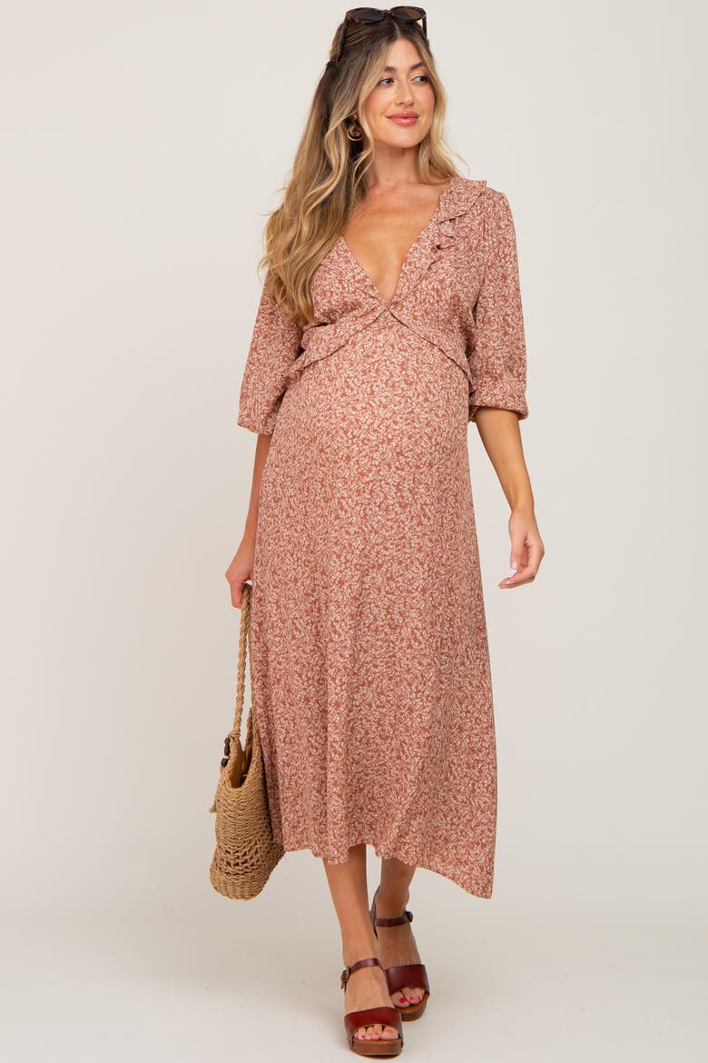 Floral Ruffle V-Neck Midi Dress, Alternate, color, Rust