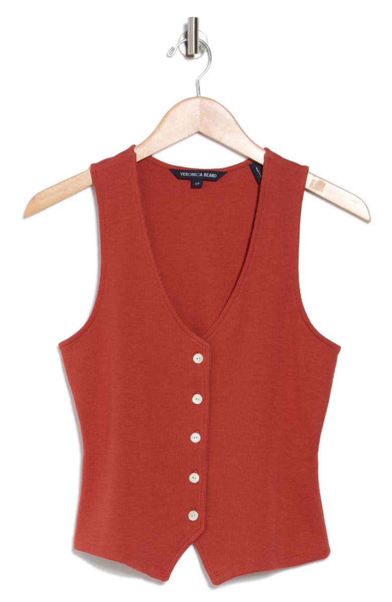 Veronica Beard Hoorne Cotton Rib Button-Up Vest, Alternate, color, Brick Red