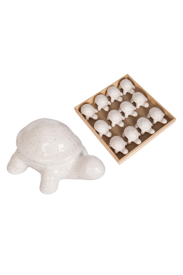 Mini Ceramic Turtles in Wood Box Set of 12 Decorative Home Accents for Spring and Seasonal Decor, Main, color, White