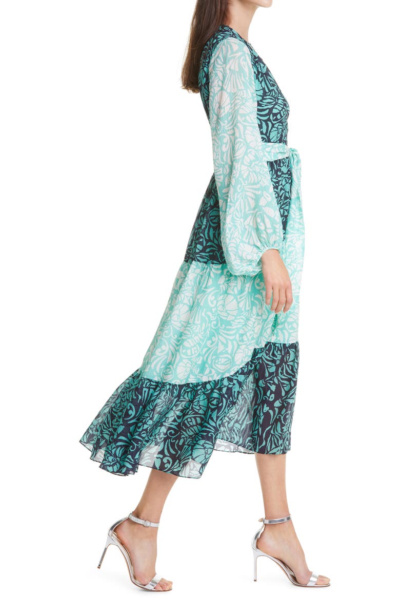 Tanya Taylor Liza Long Sleeve Tie Waist Silk Midi Dress, Alternate, color, 