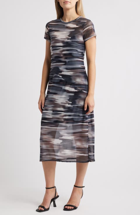 Printed Mesh Midi Dress