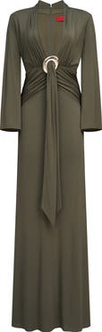 HALSTON Ahano Plunge Neck Long Sleeve Jersey Gown