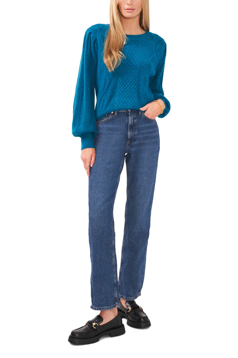 Variegated Cables Crew Sweater, Alternate, color, TEAL