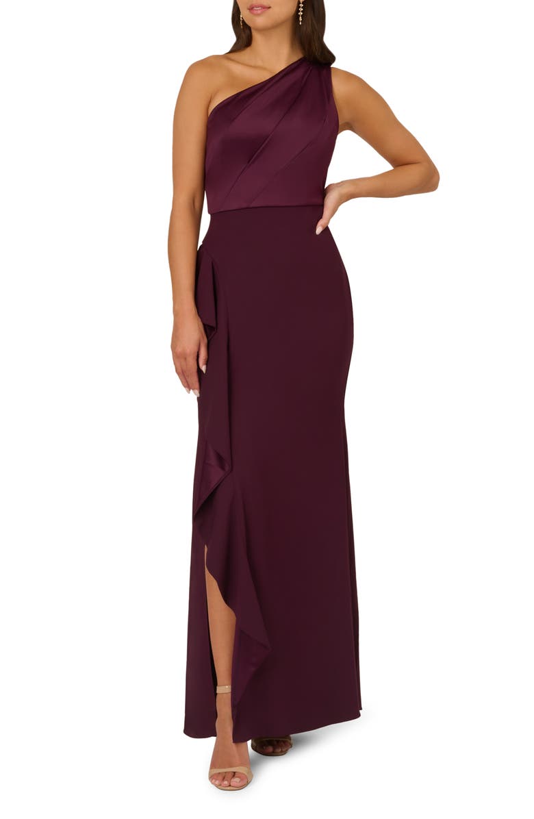 Adrianna Papell One-Shoulder Satin & Crepe Gown, Main, color, 