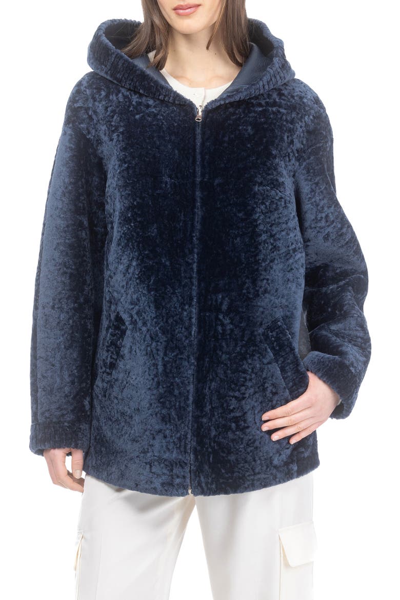 Textured Reversible Genuine Shearling Zip Parka, Main, color, NAVY