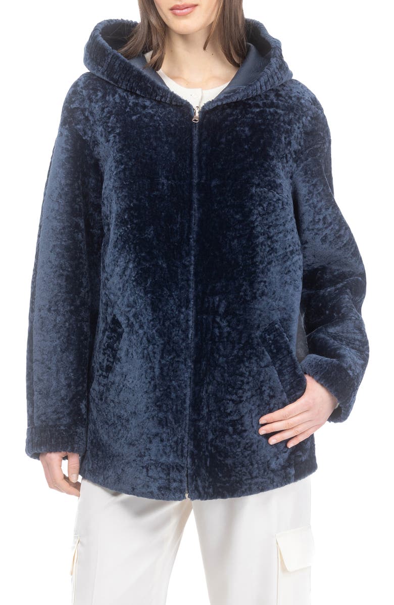 GORSKI Textured Reversible Genuine Shearling Zip Parka, Main, color, Navy
