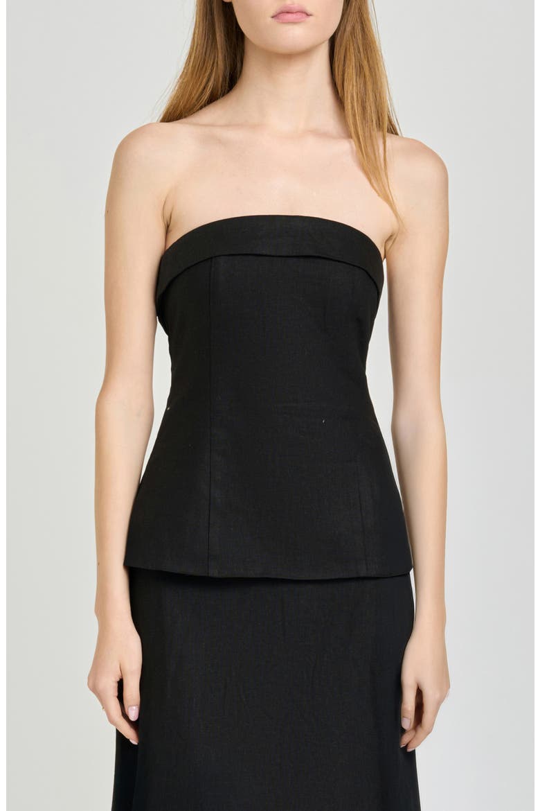 x Hannah Lovey Porter Delaney Strapless Linen Blend Peplum Top (Nordstrom Exclusive), Main, color, BLACK
