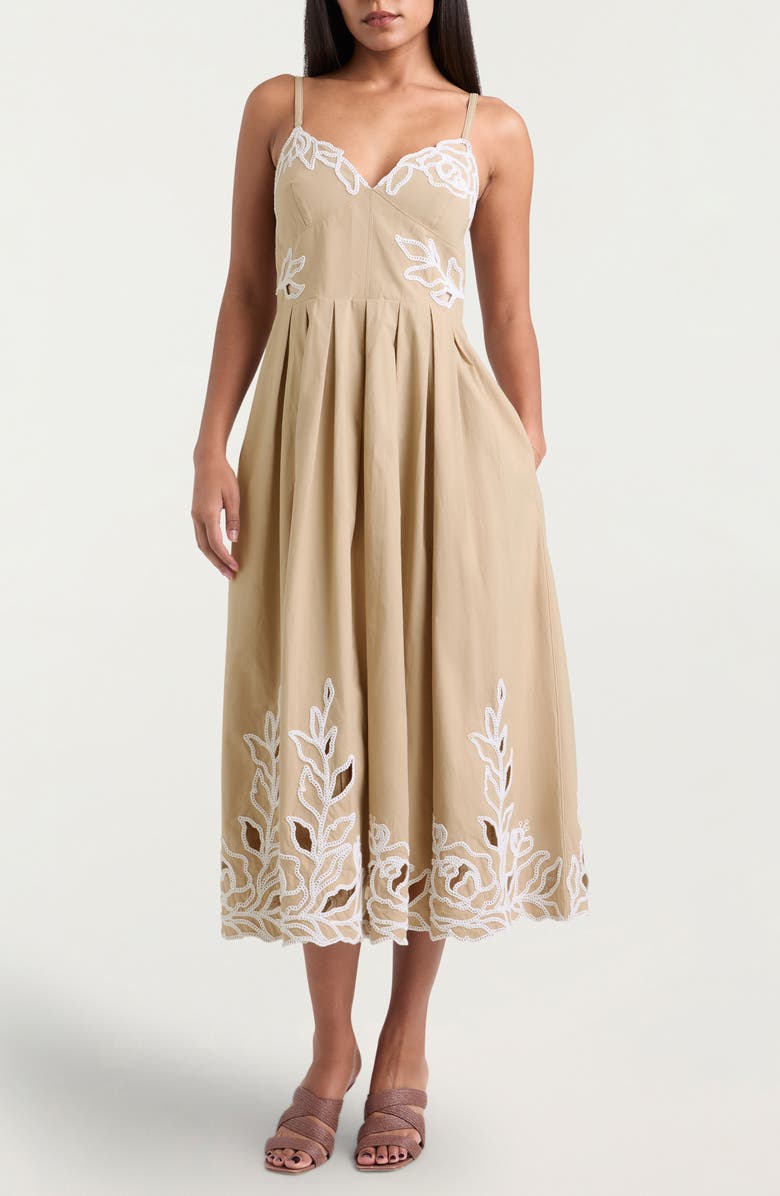 Cinq à Sept Maude Embroidered A-Line Dress, Main, color, Khaki/ White