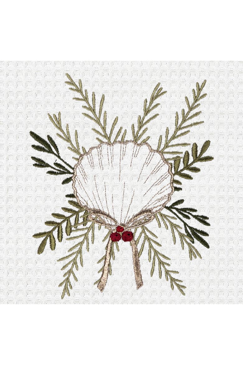 Coastal Tidings Scallop Shell Botanical Christmas Towel, Alternate, color, White