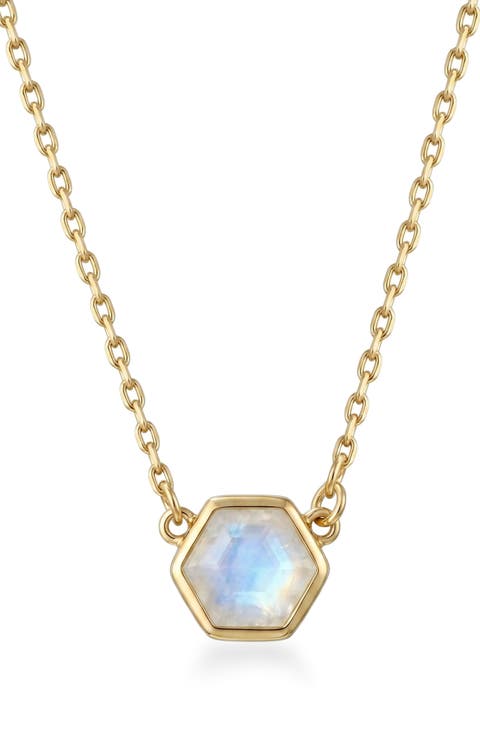 14k Gold Plated Hexagon Moonstone Pendant Necklace