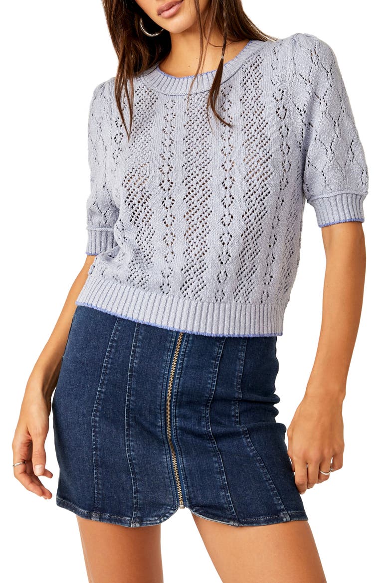 Eloise Open Stitch Puff Shoulder Sweater, Main, color, FALLING WATER COMBO