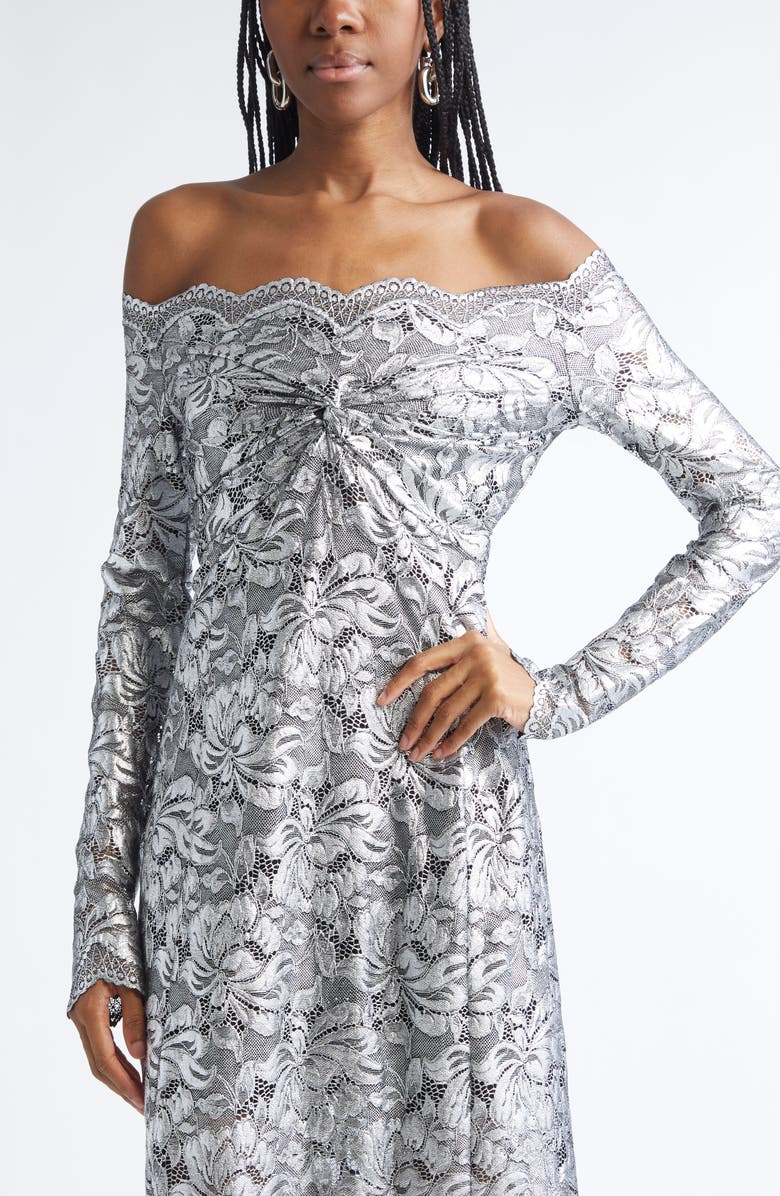 Rabanne Metallic Long Sleeve Stretch Lace Dress, Alternate, color, Black / Silver