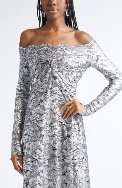 Rabanne Metallic Long Sleeve Stretch Lace Dress In Silver