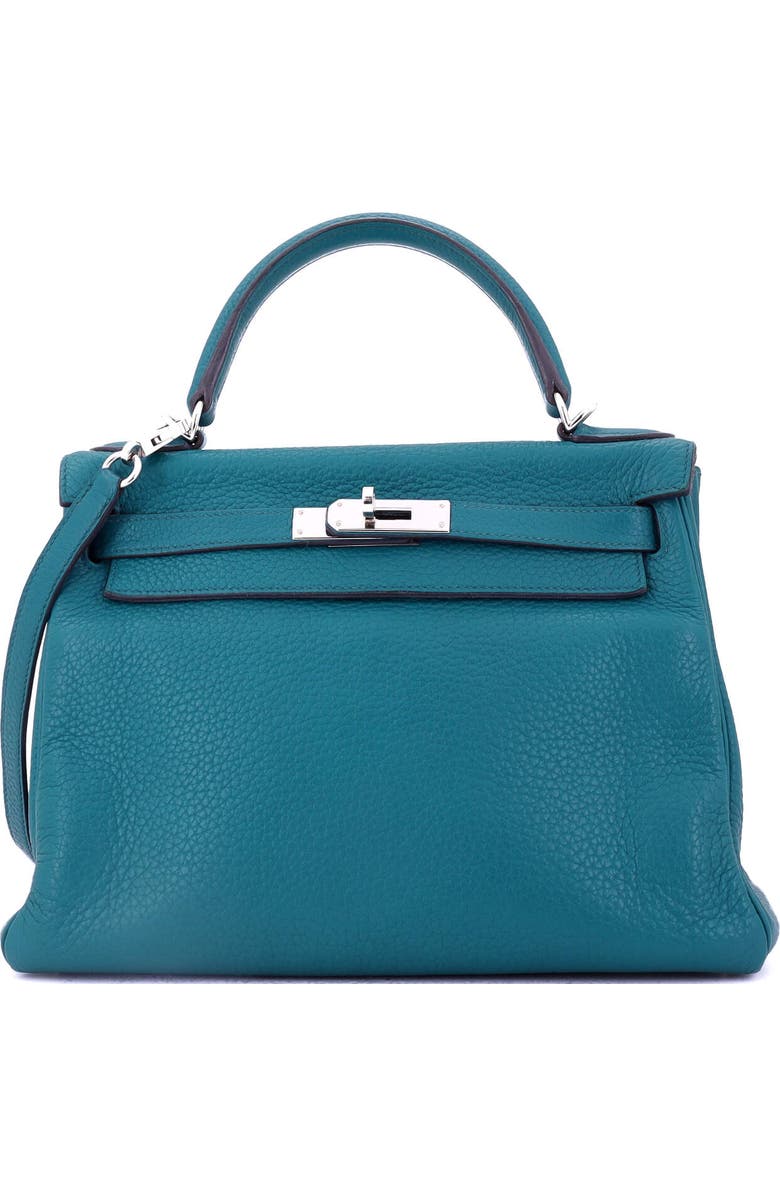 Pre-Owned Hermes Kelly Handbag Blue Clemence with Palladium Hardware 28, Main, color, Bleu Izmir