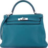 Pre-Owned Hermes Kelly Handbag Blue Clemence with Palladium Hardware 28