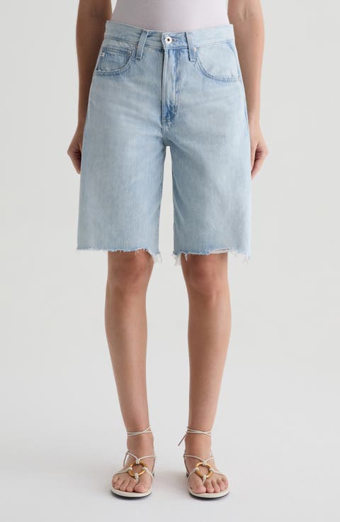 Hattie High Waist Raw Hem Denim Barrel Shorts (Sunfaded Destructed)
