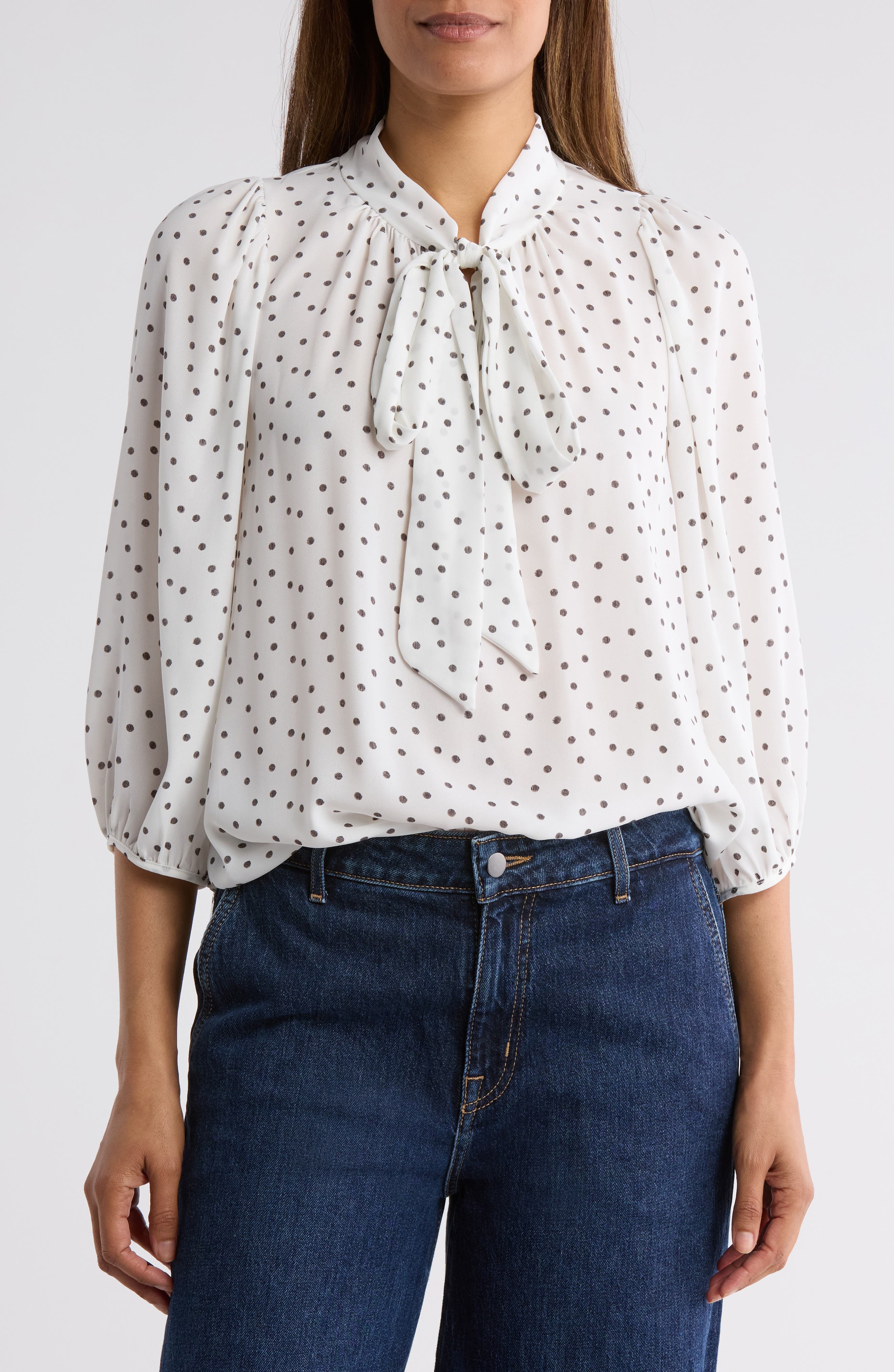 Renee C Polka Dot Tie Neck Top