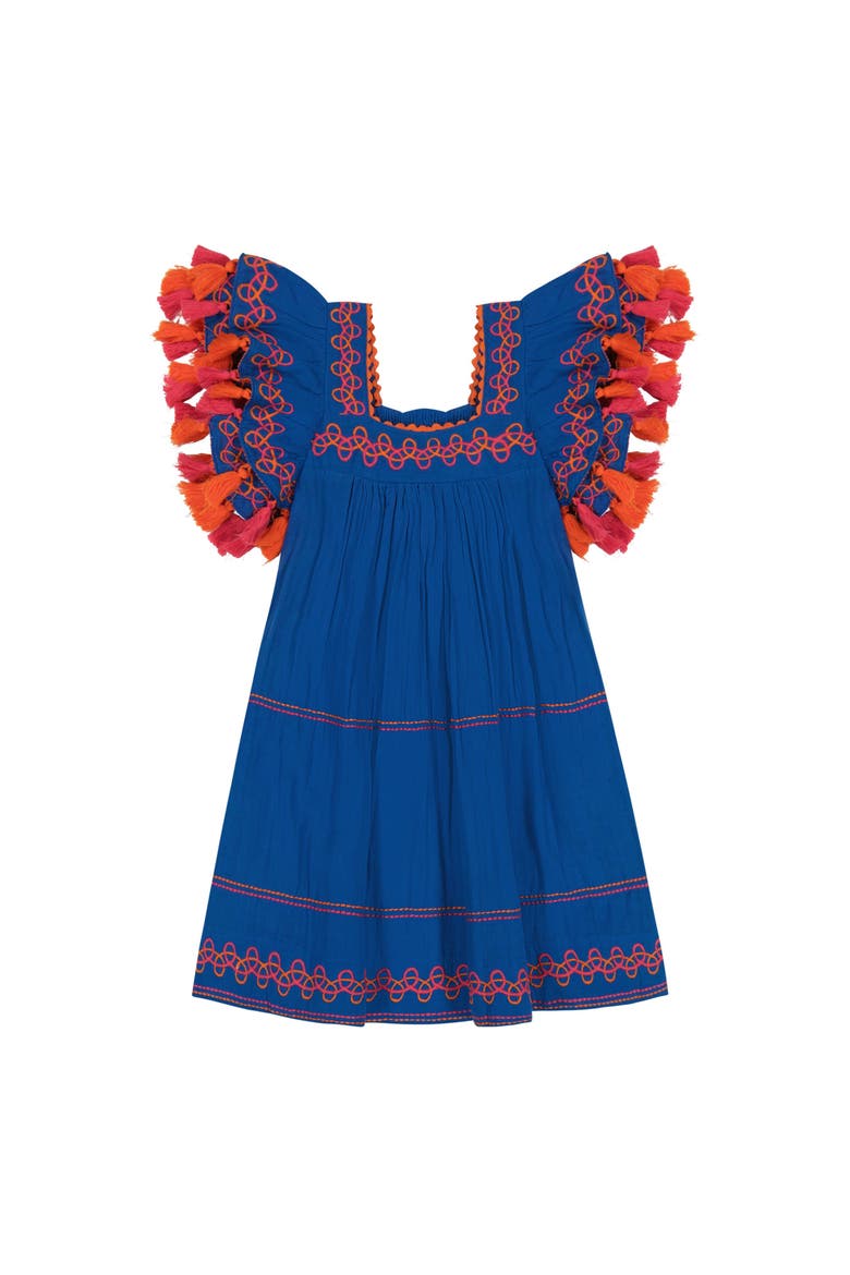 Serena Girl's Tassel Dress Classic Blue Embroidery, Main, color, Blue