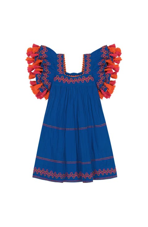 Serena Girl's Tassel Dress Classic Blue Embroidery