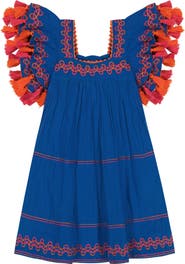Mer St. Barth Serena Girl's Tassel Dress Classic Blue Embroidery