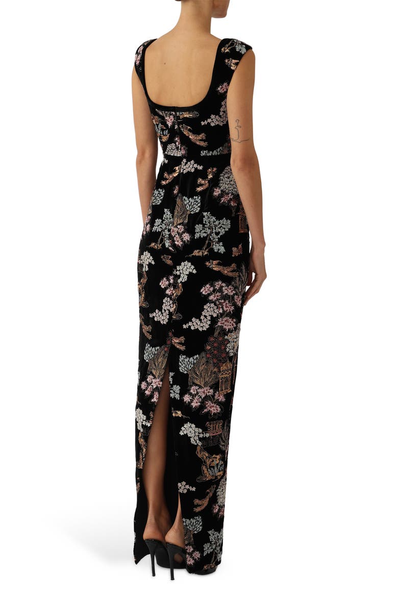 Brooke Embroidered Silk Velvet Gown, Alternate, color, BLACK MULTI