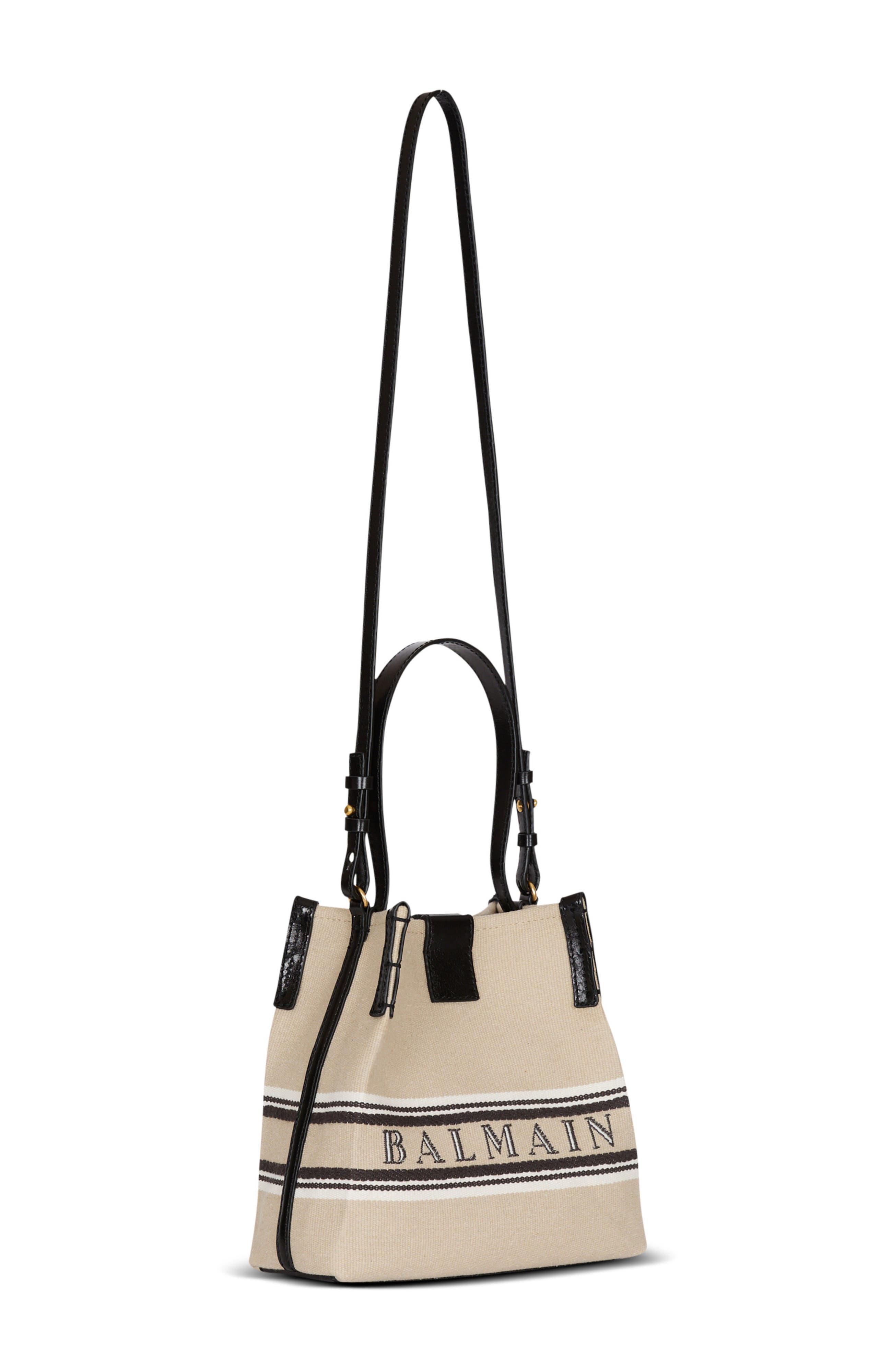 Balmain Release Bucket bag in canvas and calfskin, Alternate, color, Beige