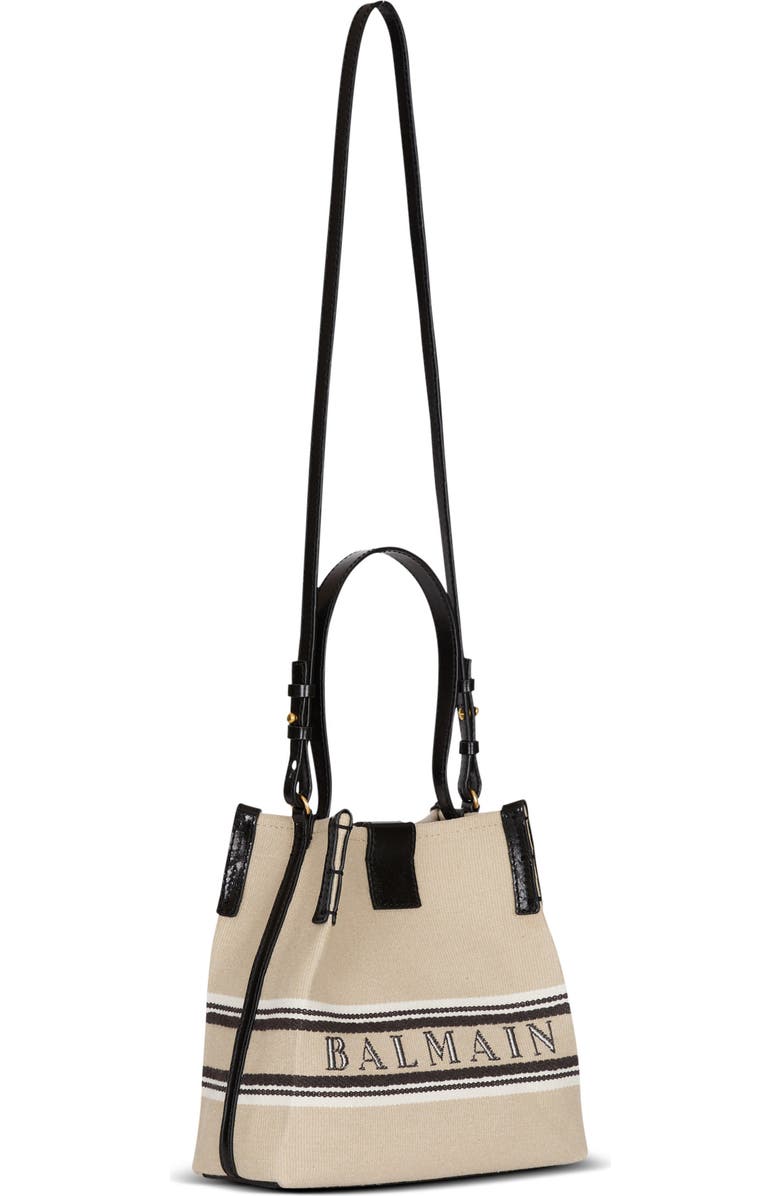 Balmain Release Bucket bag in canvas and calfskin, Alternate, color, Beige