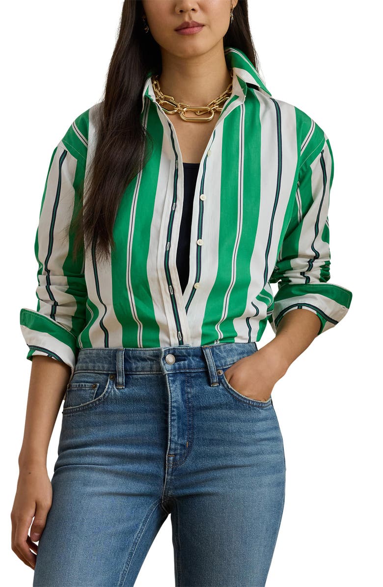 Lauren Ralph Lauren Kotta Stripe Yarn Dyed Broadcloth Button-Up Shirt, Main, color, Green