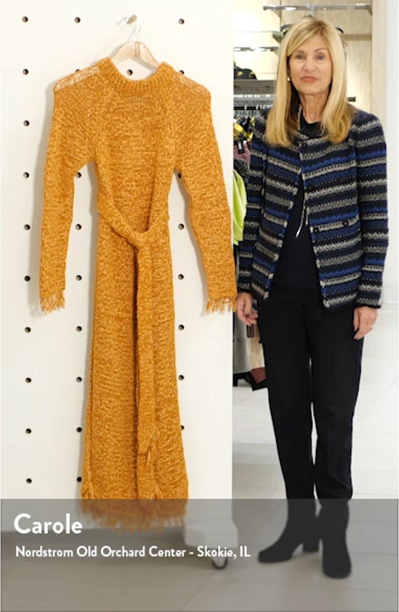 Kaiza Belted Long Sleeve Fringe Sweater Dress, sales video thumbnail