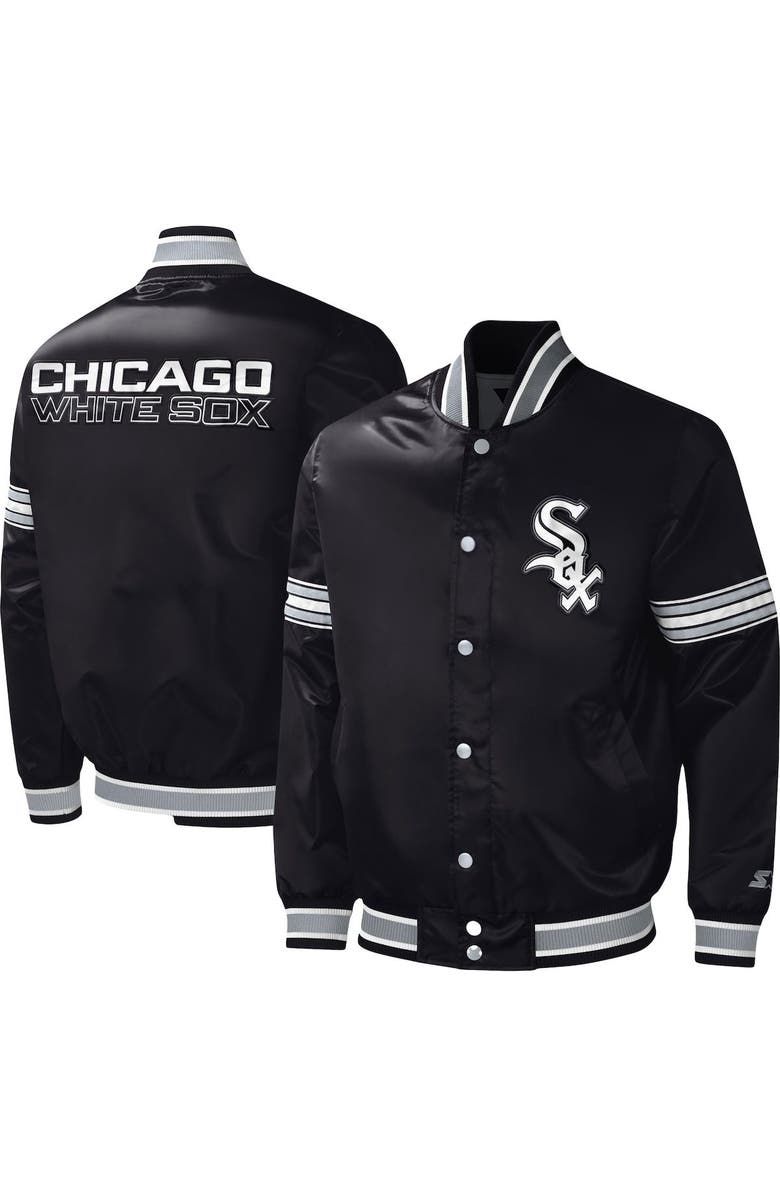 STARTER Men's Starter Black Chicago White Sox Midfield Satin Full-Snap Varsity Jacket, Main, color, 
