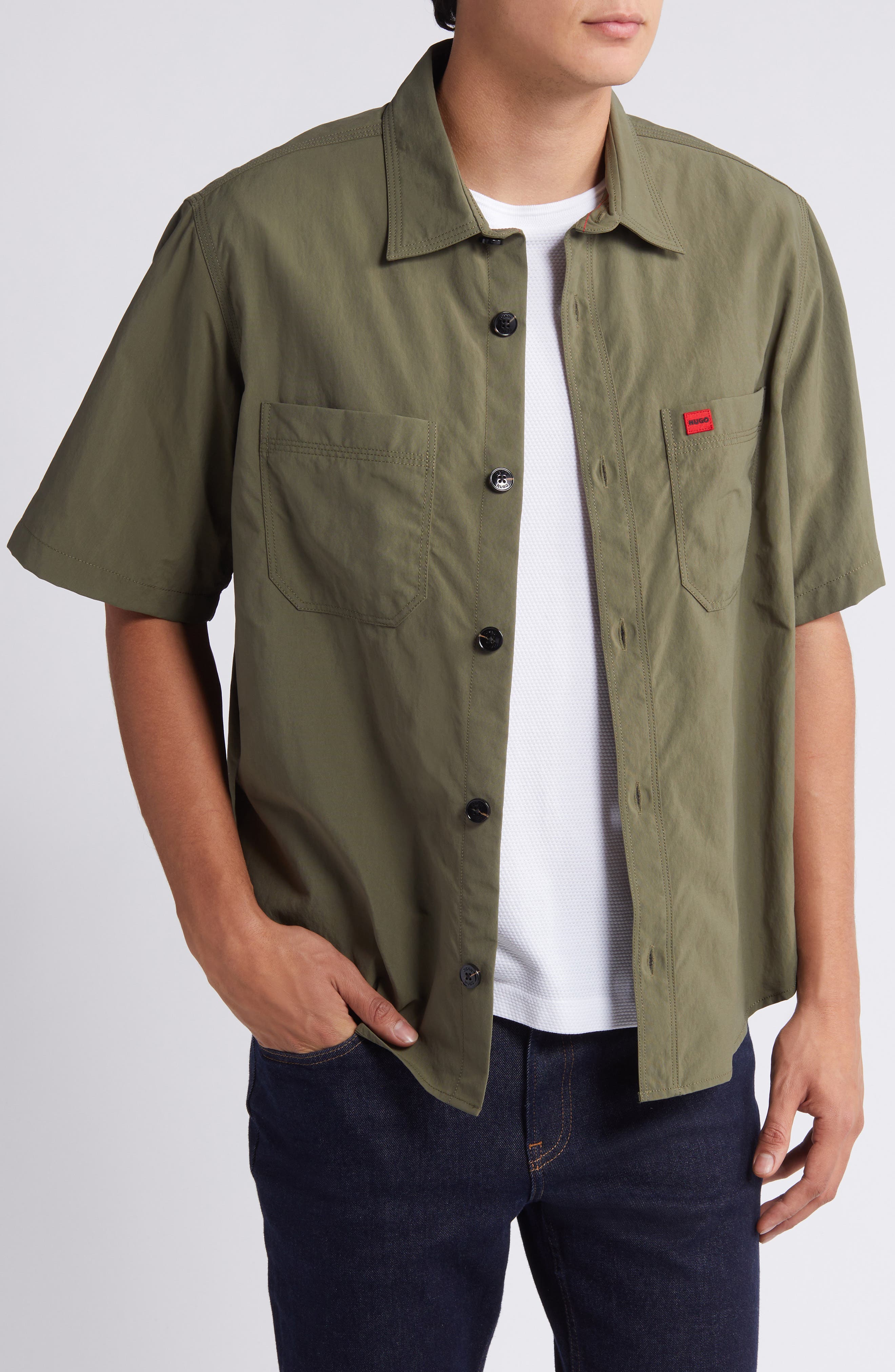 Eratino Solid Short Sleeve Nylon Button-Up Shirt