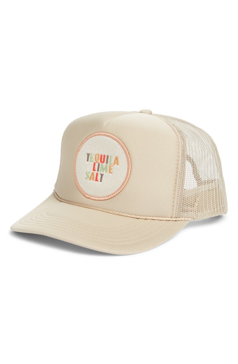 Friday Feelin’ Tequila Lime Salt Patch Trucker Hat, Main, color, Tan