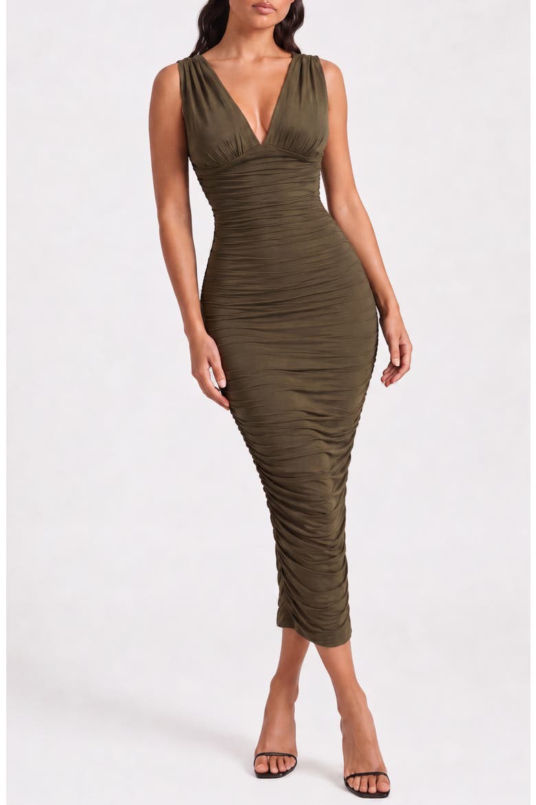 Vixen Ruched Body-Con Midi Dress, Main, color, OLIVE
