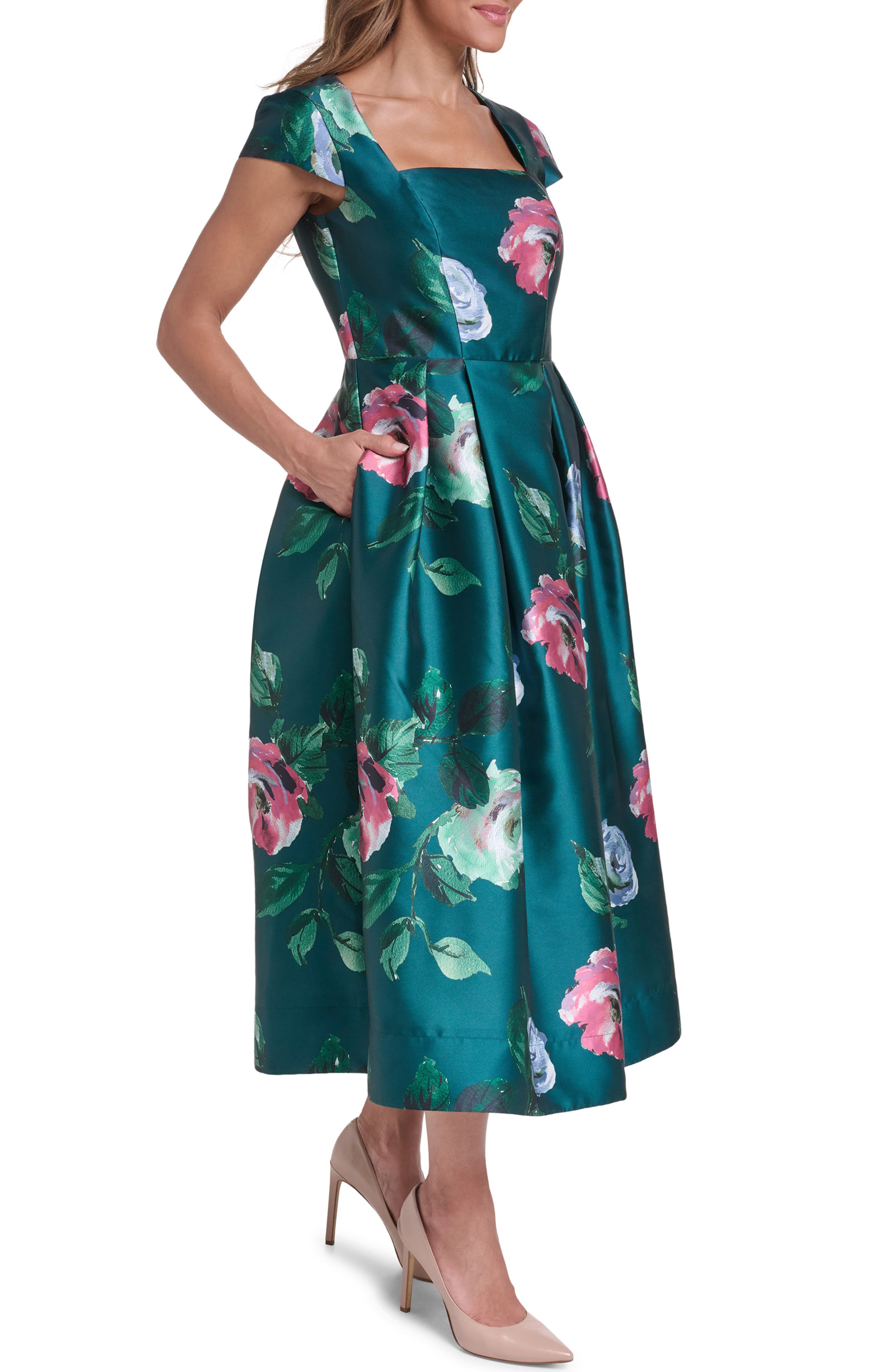 satin square neck midi dress Square Neck Full Skirt Satin Midi Dress with Pockets