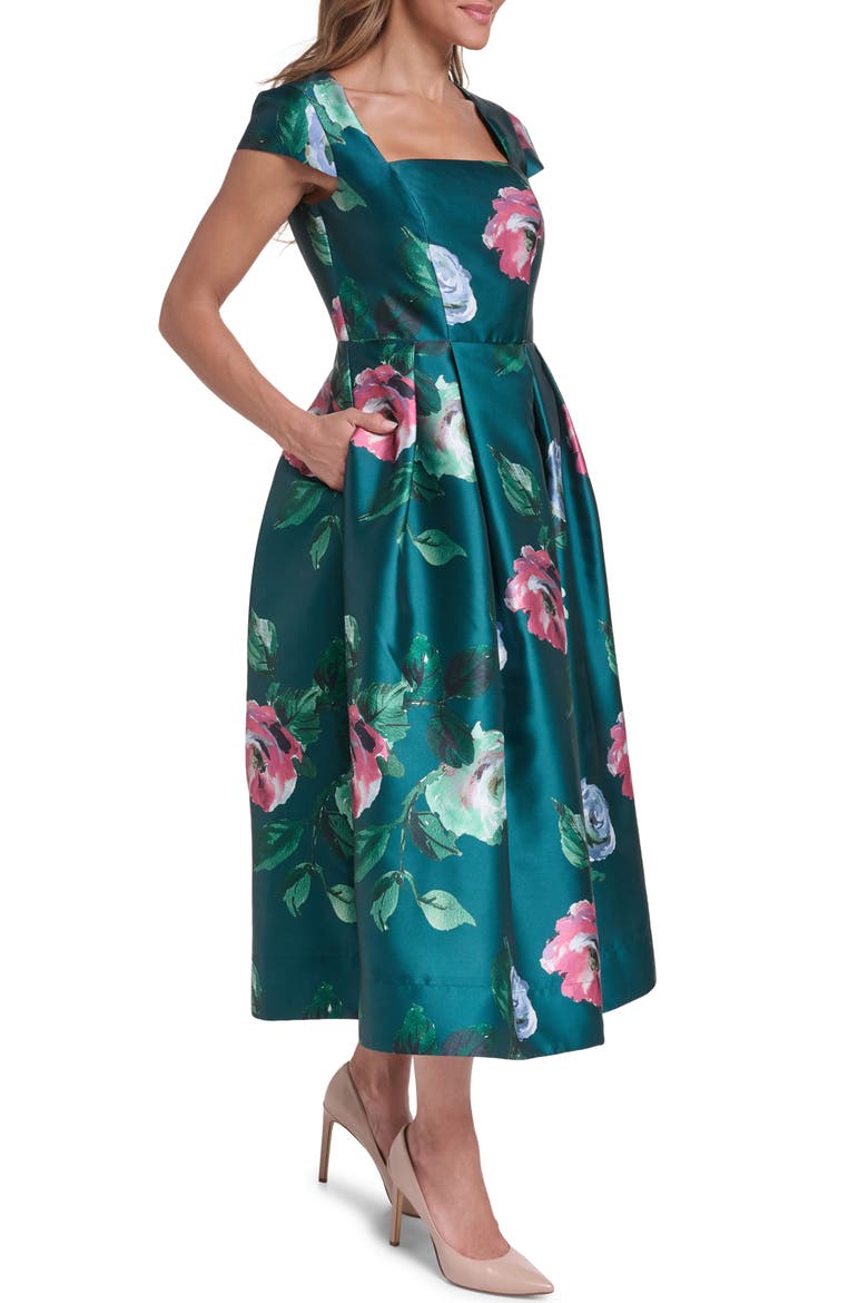 Square Neck Satin Midi Dress, Alternate, color, HUNTER