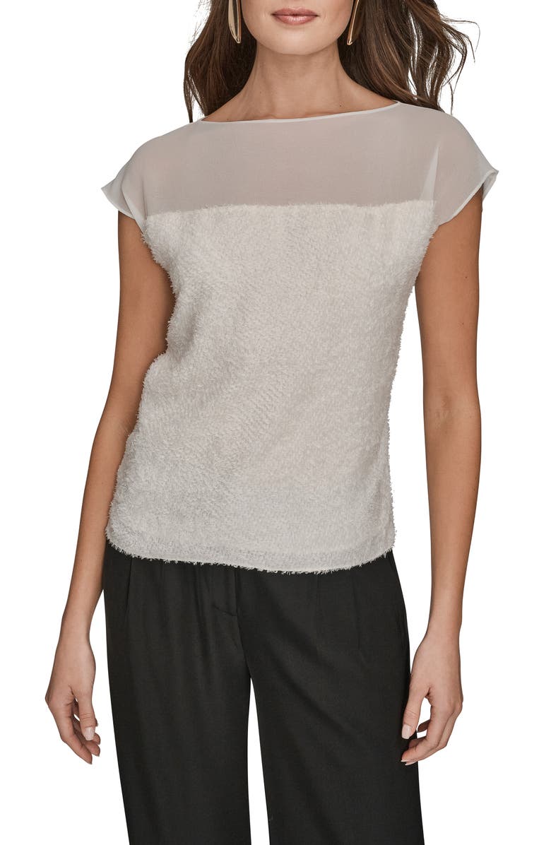 Donna Karan New York Chiffon & Bouclé Top, Main, color, Cream