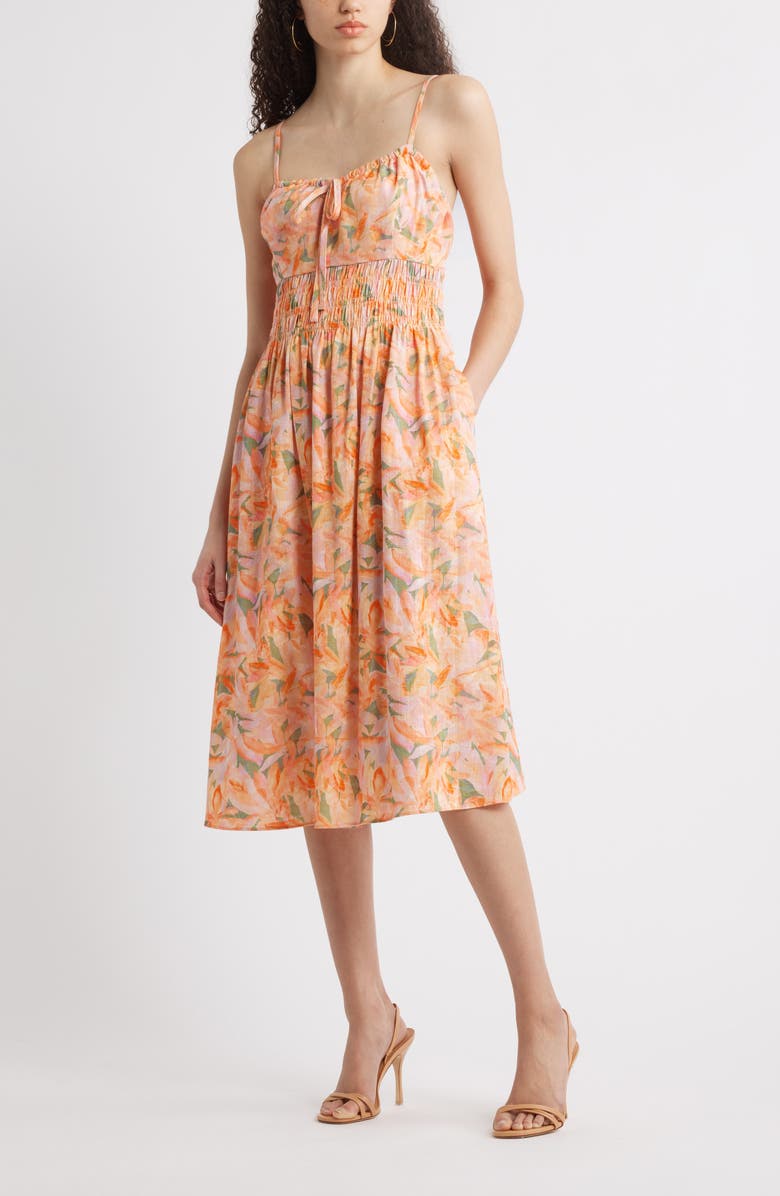 Chelsea28 Smocked Waist Sleeveless Midi Dress, Main, color, Orange- Abstract Soft Petals