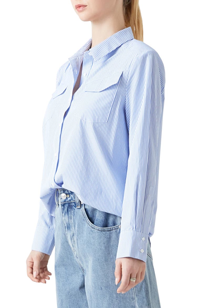 Power Shoulder Stripe Button-Up Shirt, Alternate, color, BLUE