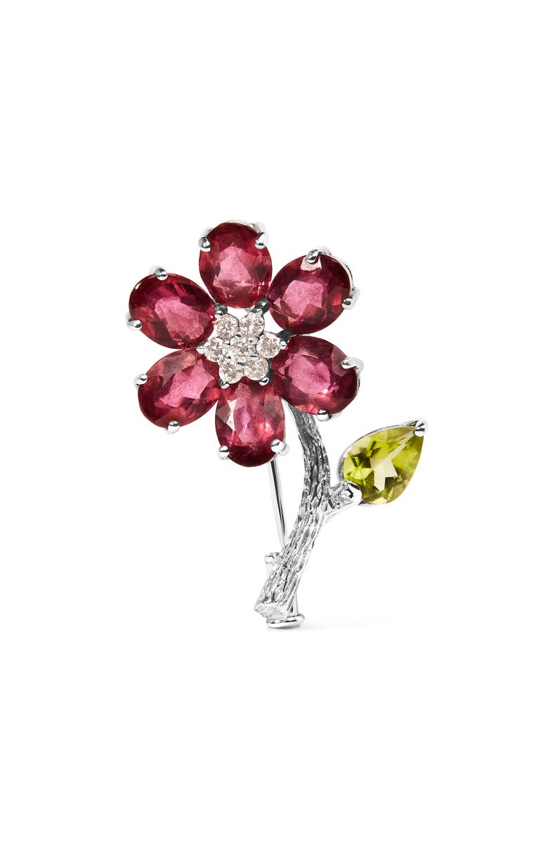 Haus of Brilliance 18K White Gold 1/3 Ct Diamond Tourmaline & Peridot Flower & Leaf Tulip Brooch Pin, Main, color, White