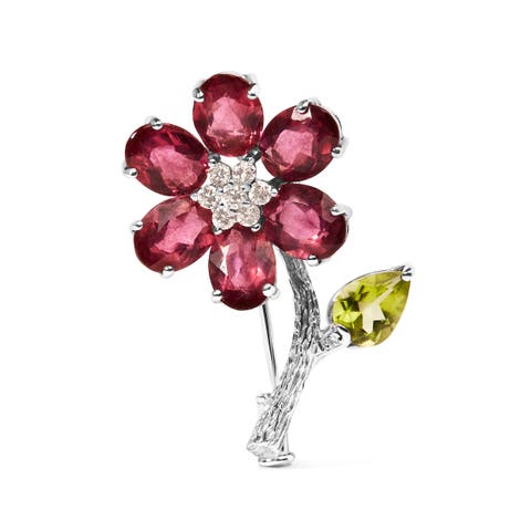 18K White Gold 1/3 Ct Diamond Tourmaline & Peridot Flower & Leaf Tulip Brooch Pin
