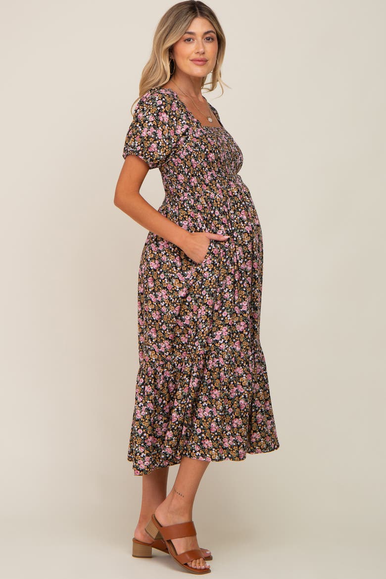 Floral Smocked Puff Sleeve Midi Dress, Alternate, color, Pink